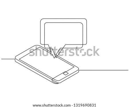 continuous line drawing of chat message on smartphone. Mobile phone chatting, people texting cellphone messages and sms messaging bubble text on phones screen, conversation flat illustration. vector