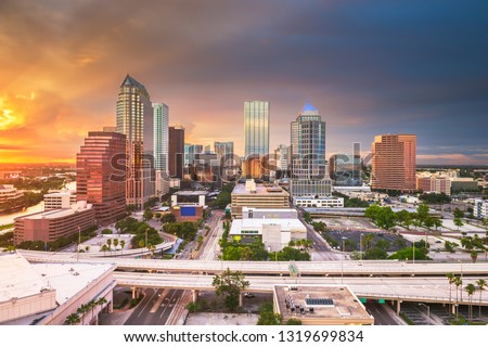 Tampa, Florida, USA aerial downtown skyline at dusk.
