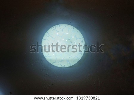 circle ceiling lamp, white light blue shade with abstract crackle pattern 