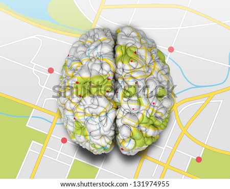 A brain wrapped with a simple road map texture laying on a flap road map