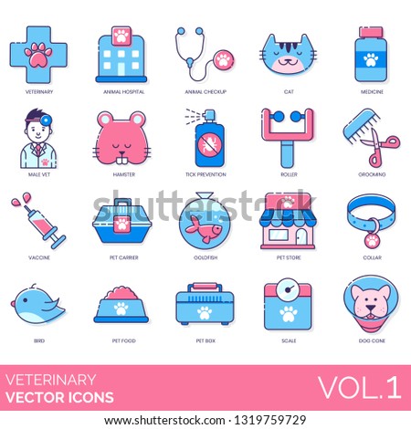 Veterinary icons including animal hospital, checkup, cat, medicine, male vet, hamster, tick prevention, roller, grooming, vaccine, pet carrier, goldfish, store, collar, bird, food, box, scale, cone.