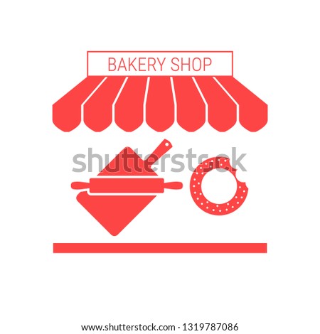 Bakery Shop, Bakehouse Single Flat Icon. Striped Awning and Signboard. A Series of Shop Icons. Illustration.