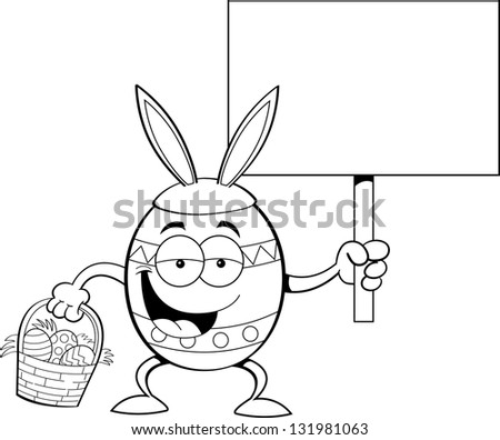 Black and white illustration of an Easter egg wearing rabbit ears and holding a sign.