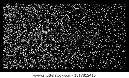 Silver polka dot small confetti on black background. Luxury festive background. Silver shiny abstract texture. Element of design. Vector 