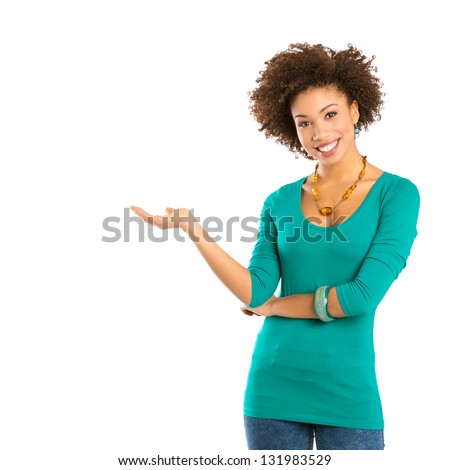 Happy Young Woman Isolated Presenting On White Background