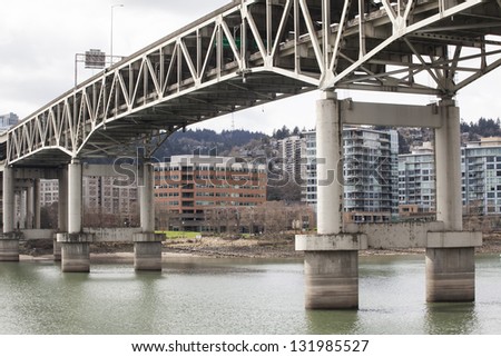 Marquam Bridge and Willamette River with downtown Portland in the distance.