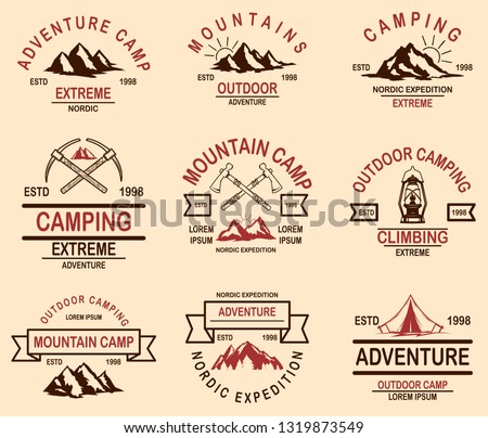 Set of mountain hiking emblems. Design element for logo, label, sign, banner, poster. Vector illustration