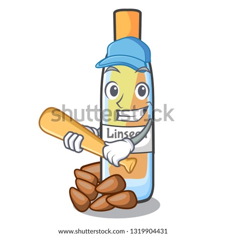 Playing baseball lenseed oil in a mascot bottle