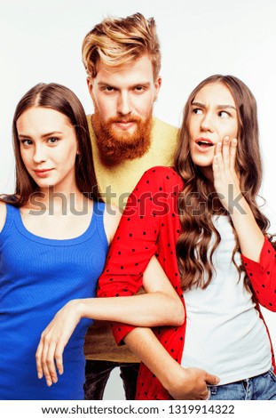 company of hipster guys, bearded red hair boy and girls students having fun together friends, diverse fashion style, lifestyle people concept isolated on white background 