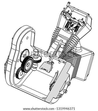 Disassembled motorcycle engine on a white background. Drawing