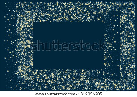 Rectangle frame or border Christmas gold and silver stars confetti falling, on blue background. Magic shining flying stars sparkle cosmic backdrop. Shooting stars background. Meteor shower