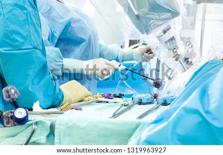 Medical robot. Robotic Surgery. Medical operation involving robot.  Robotic Surgery with the da Vinci Surgical System. Sharpness on tools.
 Royalty-Free Stock Photo #1319963927