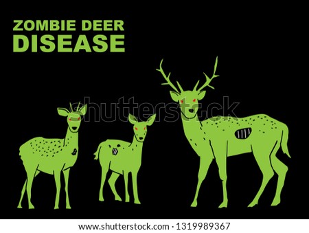 Vector illustration of Zombie Deer Disease Poster, of green deer with red eyes on the black background.