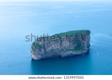 Small islet with vegetation located near the coast on the coast of Asturias, Spain