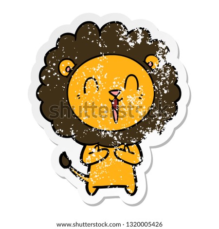 distressed sticker of a laughing lion cartoon