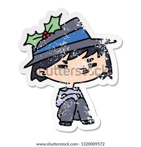 hand drawn christmas distressed sticker cartoon of kawaii boy