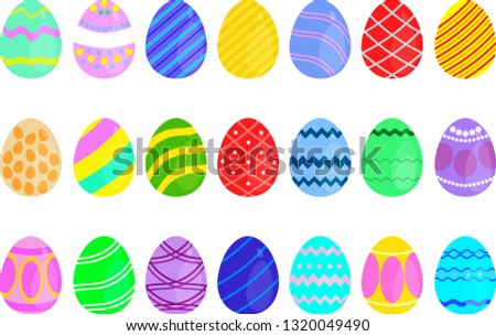 Set of colorful Easter eggs with ornaments. Spring. Holidays in April. Gift. Seasonal celebration. Concept of Happy Easter. Vector illustration of Easter eggs collection on a white background.