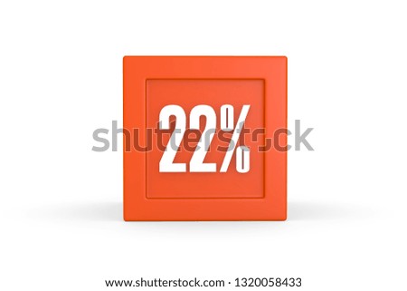 22 percent in orange color block isolated on white background, 3d illustration.