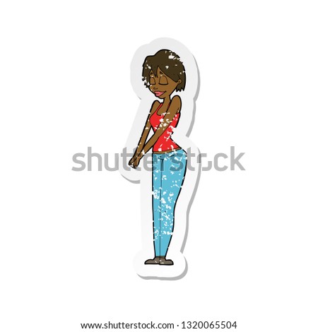 retro distressed sticker of a cartoon content woman