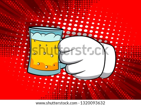 Vector cartoon hands holding a beer. Illustrated sign on comic book background.