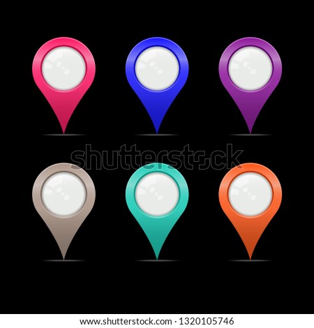 Multicolored Map Markers or Teardrop Pointers. Quality Map Markers Isolated on Black Background. Realistic Detailed 3D Art. A Collection of Modern Carved Inside Pointers. Design Elements