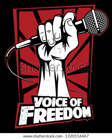 Microphone in a hand, hand holding a microphone in a fist, vector logo concept.