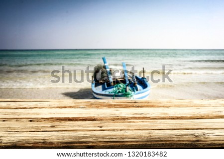 Desk of free space and summer sea landscape 
