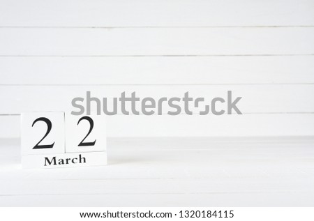 March 22nd, Day 22 of month, World Water Day, Birthday, Anniversary, wooden block calendar on white wooden background with copy space for text.
