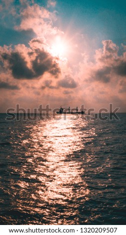 sunset picture with a cargo ship sailing under the sun