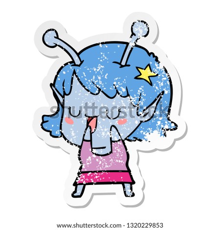 distressed sticker of a happy alien girl cartoon