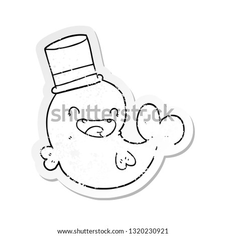 distressed sticker of a cartoon laughing whale with top hat