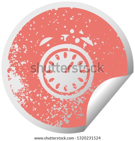 distressed circular peeling sticker symbol of a alarm clock
