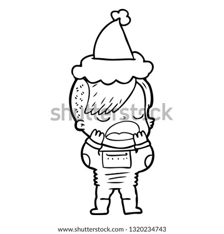 hand drawn line drawing of a cool hipster girl in space suit wearing santa hat