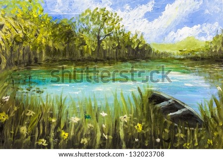 oil paint of boat on lake with cloudy sky