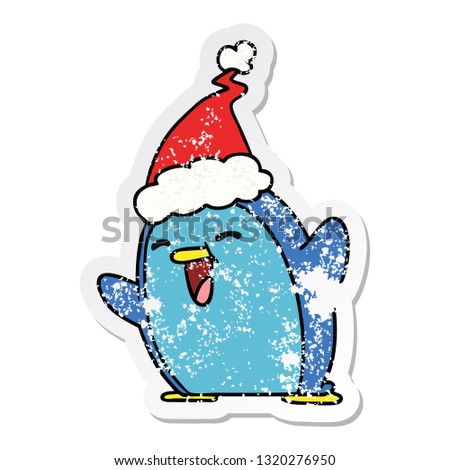 hand drawn christmas distressed sticker cartoon of kawaii penguin