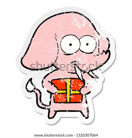 distressed sticker of a happy cartoon elephant with present