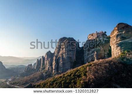 Landscape of Meteora, a rock formation in central Greece hosting one of the largest and most precipitously built complexes of Eastern Orthodox monasteries, second in importance only to Mount Athos.