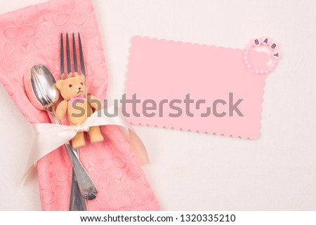 Pretty Pink Girl Baby Shower Table Setting with Blank Card with room or space for your text, words or copy.  Horizontal looking down view and flat layout