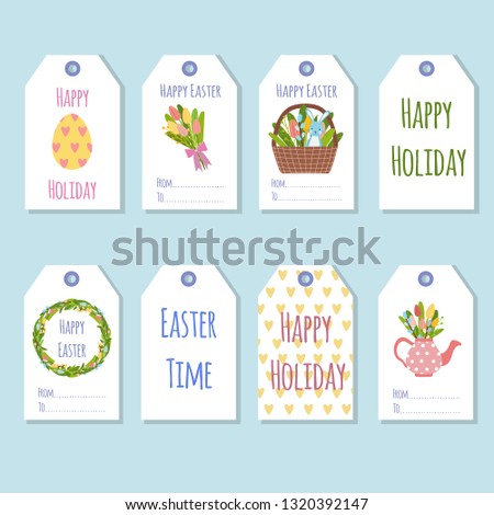 Gift tags for the Easter holiday. Decorating gifts with spring elements: colorful eggs, a bouquet of tulip flowers, a willow, a cartoon character a rabbit. Cute lettering and greetings