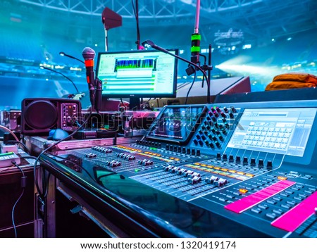 Sound console. Mixer. Show Business. Equipment for recording sound. Musical equipment. Concert organization. Microphone.