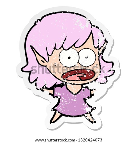 distressed sticker of a cartoon shocked elf girl
