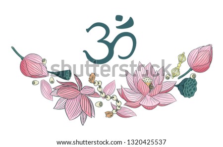 Garland of lotus flowers, seeds and pods, vajra and beads with om sign