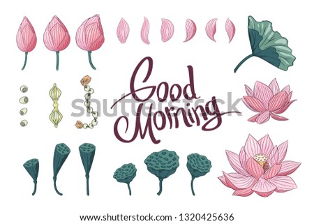 Lotus elements. Flowers, seeds, leaf, pods, vajra and beads with lettering good morning
