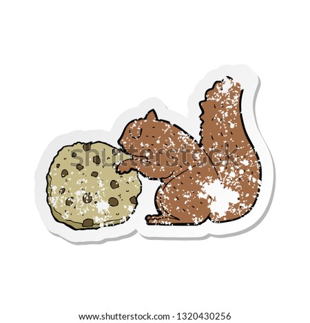 retro distressed sticker of a cartoon squirrel with cookie