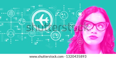 Airplane travel theme with young businesswoman in a thoughtful face
