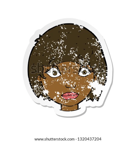 retro distressed sticker of a cartoon worried female face