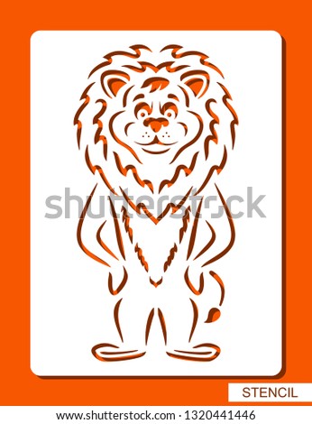Lion silhouette. Stencil for children. White object on orange background. Сartoon zoo character. Template for laser cutting, wood carving, paper cut and printing. Vector illustration.