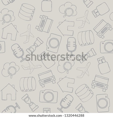 Set of diverse technological items and equipment doodle icons. Seamless pattern. Vector illustration