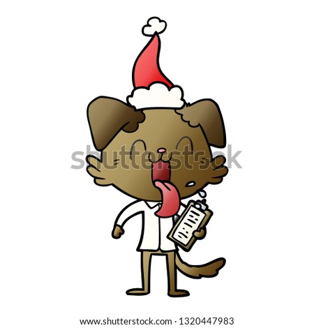 hand drawn gradient cartoon of a panting dog with clipboard wearing santa hat