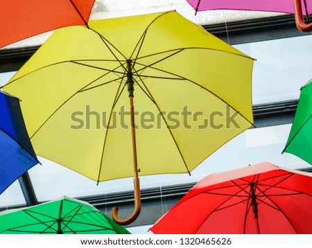 many umbrellas hanging in color